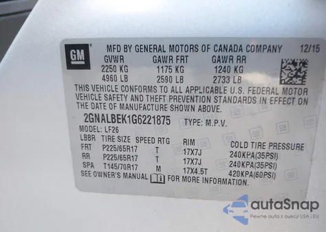 2016 Chevrolet Equinox L from USA, damaged, VIN 2GNALBEK1G6221875